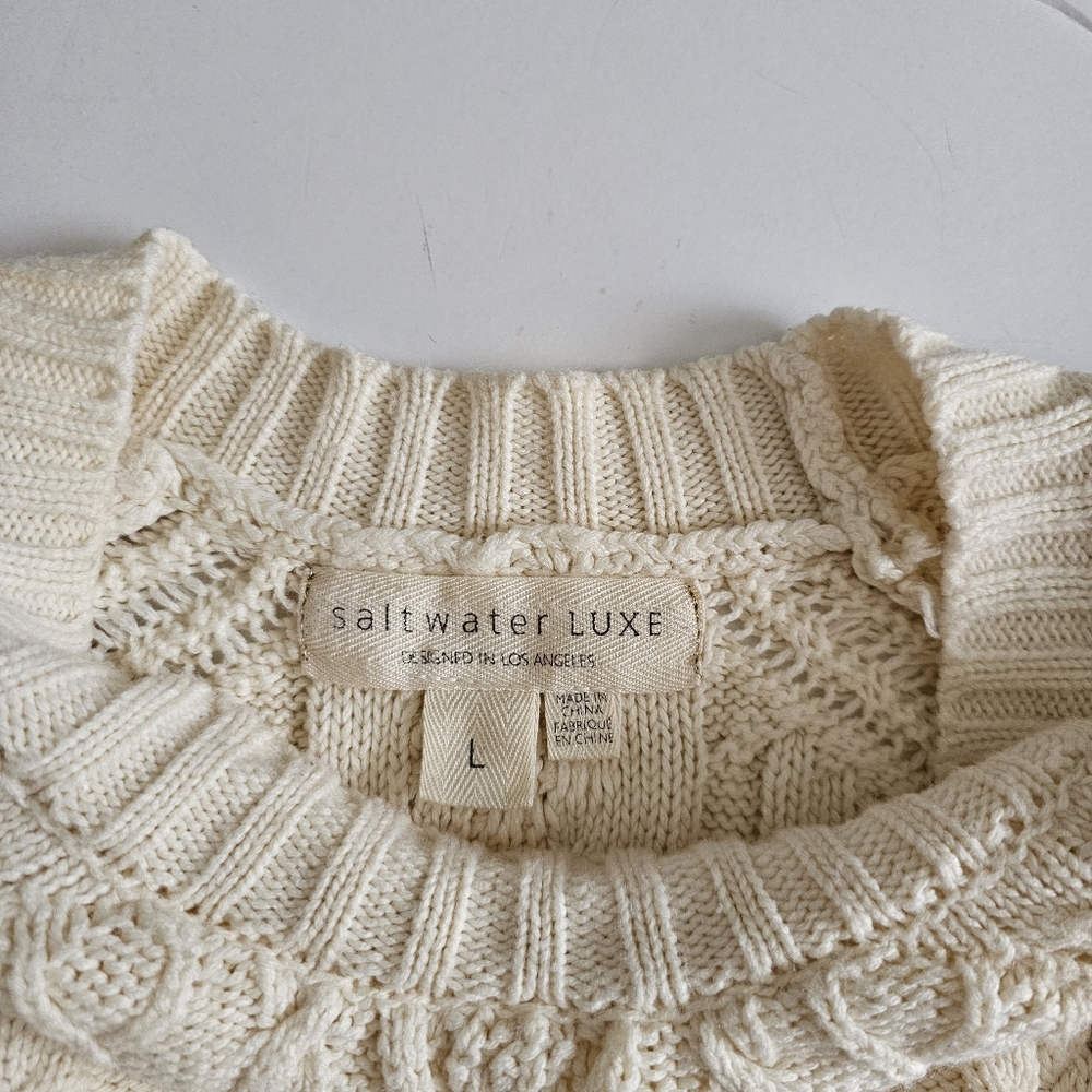 Saltwater Luxe Cream Ruffle Fisherman Sweater Crewneck Large Victorian High Neck - Picture 3 of 5